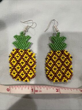 Handmade Beaded Pineapple Dangle Earrings - Yellow & Green